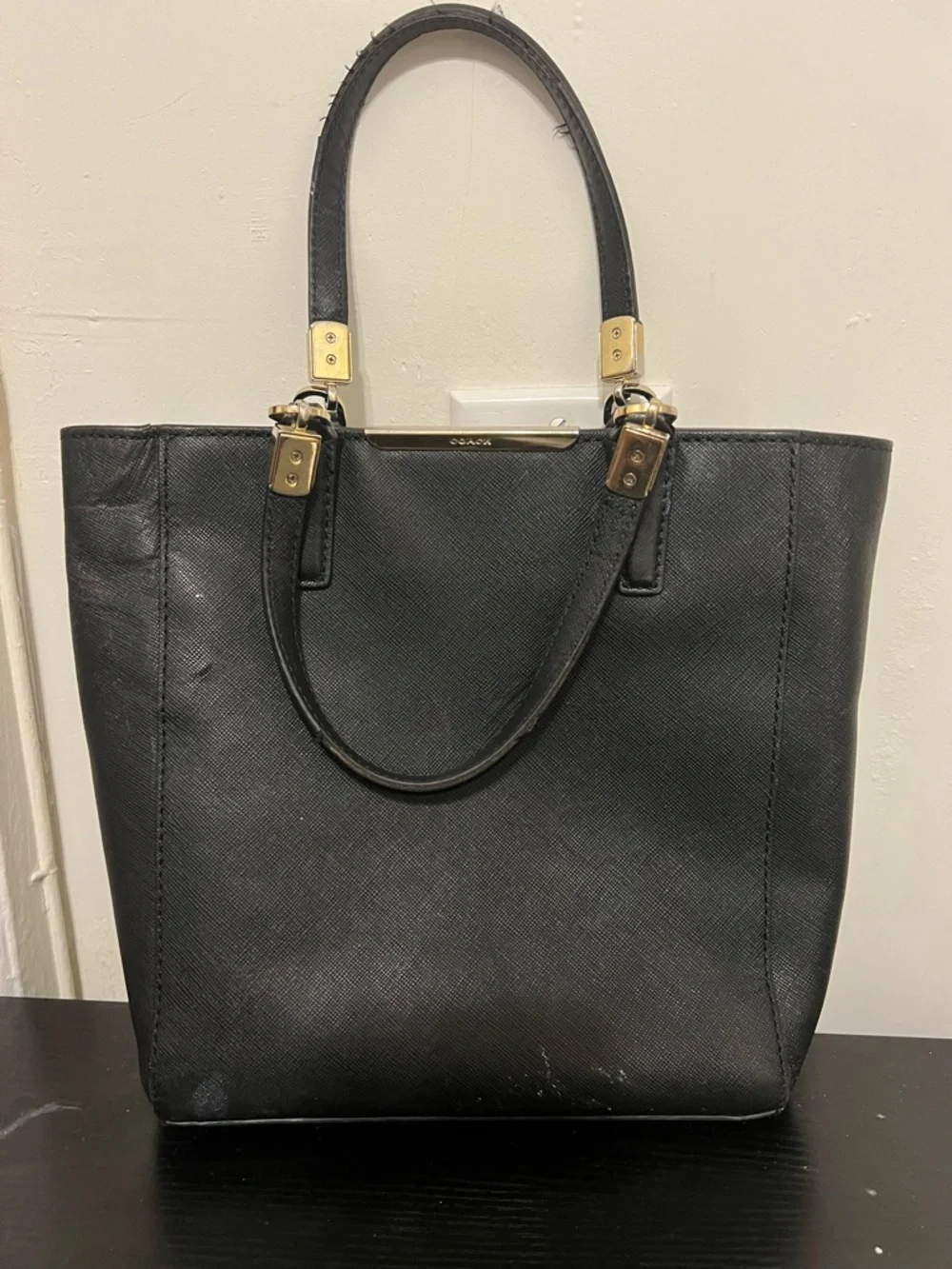 Coach Black Saffiano Leather Tote with Gold-Tone Hardware